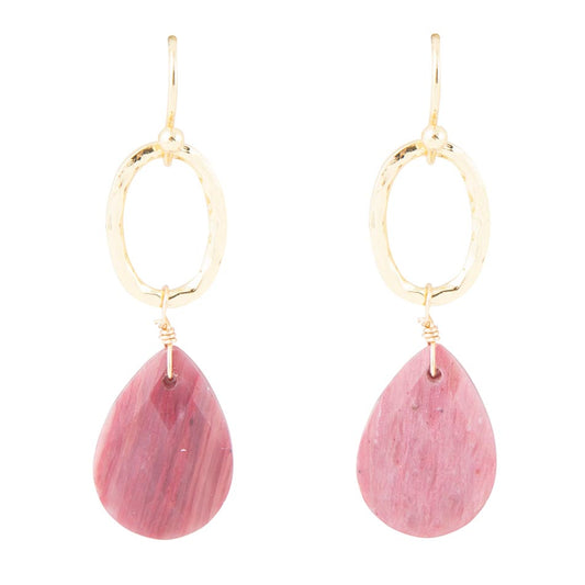 Jolies boucles d'oreilles pendantes goutte dorée en rhodonite rose