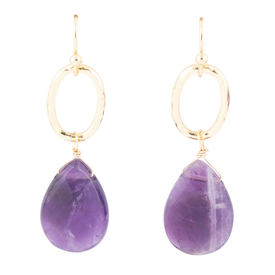 Jolies boucles d'oreilles pendantes en or et améthyste violette