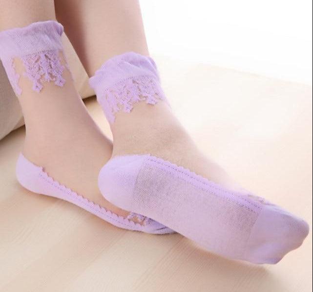 Summer Ladies Lace Embroidery Silk Transparent Glass Crystal Stretch Women Socks Breathable See Through Socks Ankle Socks For Women