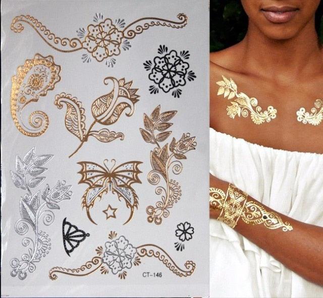 Luxury Flash Metallic Waterproof Temporary Tattoo Gold Silver Flower Tattoo Sticker Long Lasting Gold Design For Womens