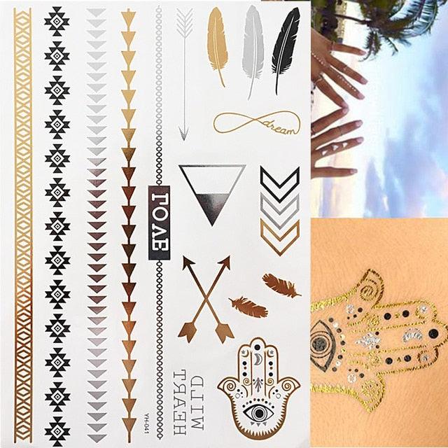 Luxury Flash Metallic Waterproof Temporary Tattoo Gold Silver Flower Tattoo Sticker Long Lasting Gold Design For Womens
