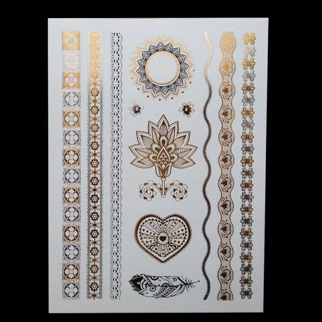 Luxury Flash Metallic Waterproof Temporary Tattoo Gold Silver Flower Tattoo Sticker Long Lasting Gold Design For Womens