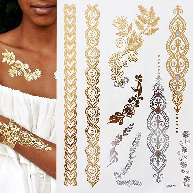 Luxury Flash Metallic Waterproof Temporary Tattoo Gold Silver Flower Tattoo Sticker Long Lasting Gold Design For Womens