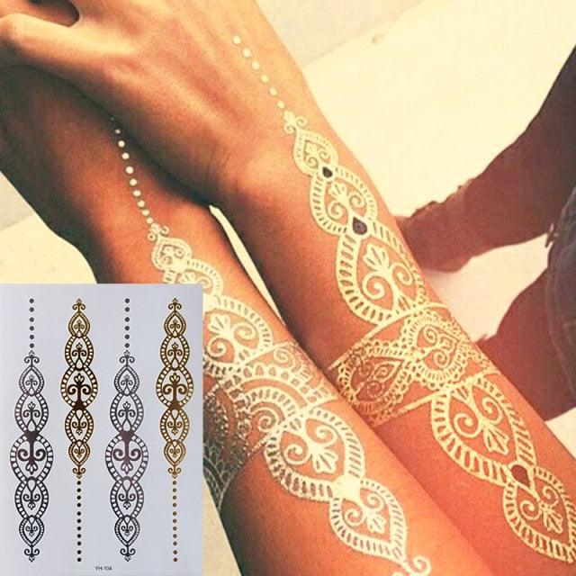 Luxury Flash Metallic Waterproof Temporary Tattoo Gold Silver Flower Tattoo Sticker Long Lasting Gold Design For Womens