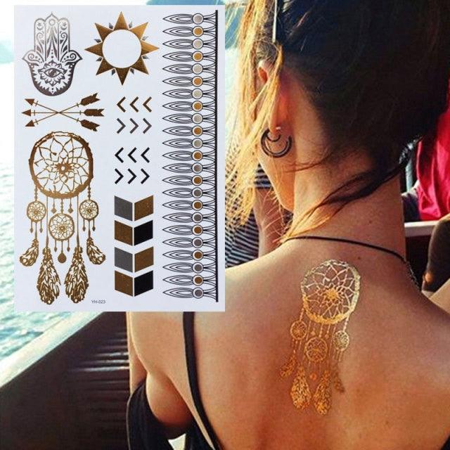 Luxury Flash Metallic Waterproof Temporary Tattoo Gold Silver Flower Tattoo Sticker Long Lasting Gold Design For Womens