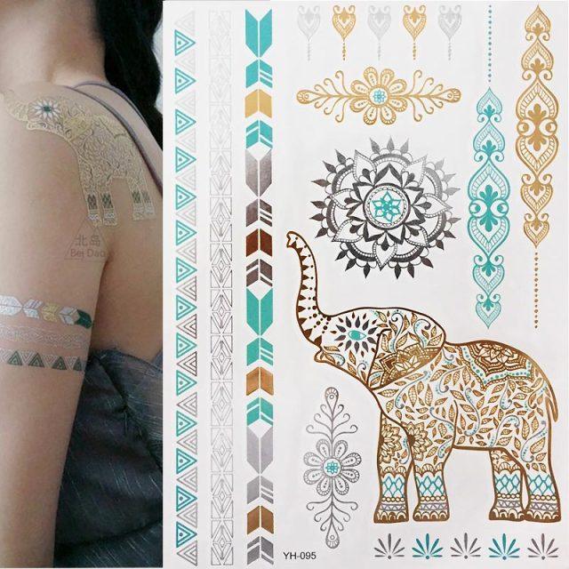 Luxury Metallic Gold Waterproof Temporary Tattoo Feather Elephant Fashion Different Design Tattoos For Womens