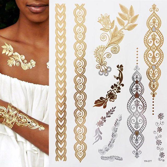 Luxury Metallic Gold Waterproof Temporary Tattoo Feather Elephant Fashion Different Design Tattoos For Womens