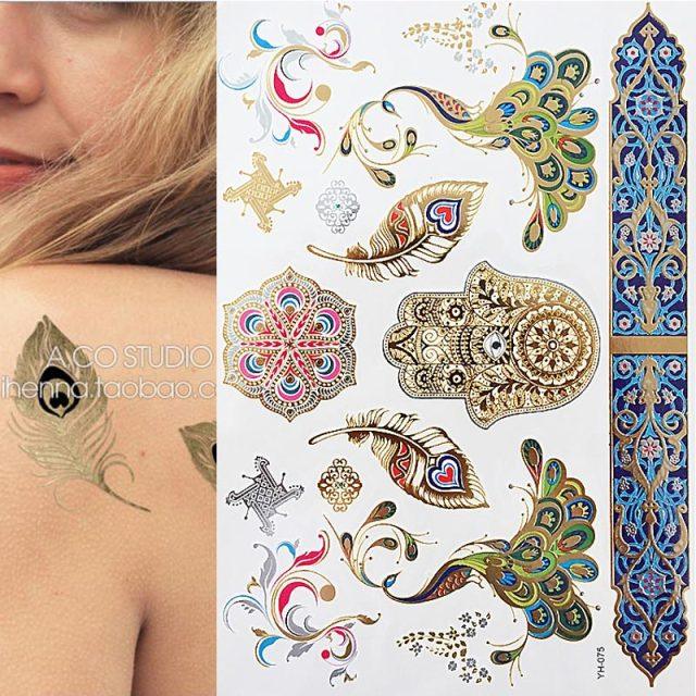 Luxury Metallic Gold Waterproof Temporary Tattoo Feather Elephant Fashion Different Design Tattoos For Womens