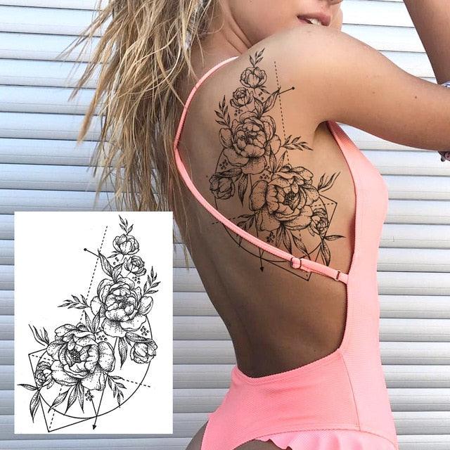 Realistic Big Flower Temporary Waterproof Sticker Tattoos For Body Painting Arm Legs Fake Black Rose Tattoos For Womens