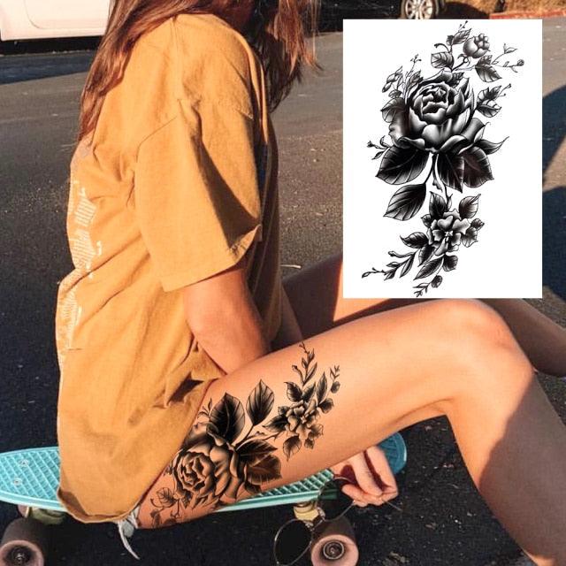Realistic Big Flower Temporary Waterproof Sticker Tattoos For Body Painting Arm Legs Fake Black Rose Tattoos For Womens
