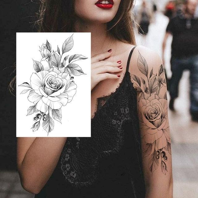 Realistic Big Flower Temporary Waterproof Sticker Tattoos For Body Painting Arm Legs Fake Black Rose Tattoos For Womens