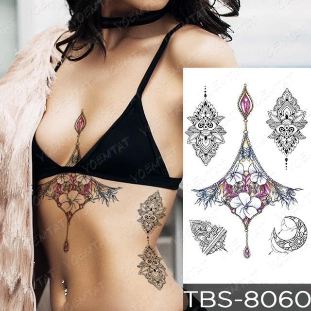 Black Sketchs Flowers Waterproof Temporary Tattoo Sticker Chest Flash Tattoo Wolf Diamond Flower Body Art Arm Fake Tattoo For Womens Men