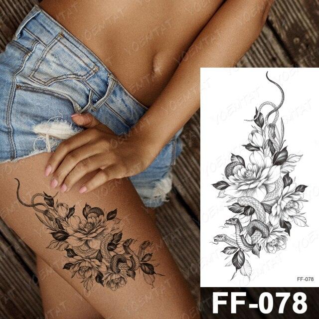 Waterproof Temporary Black Tattoo Sticker Peony Flower Snake Sketch Luxury Big Tattoo For Womens