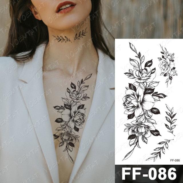 Waterproof Temporary Black Tattoo Sticker Peony Flower Snake Sketch Luxury Big Tattoo For Womens