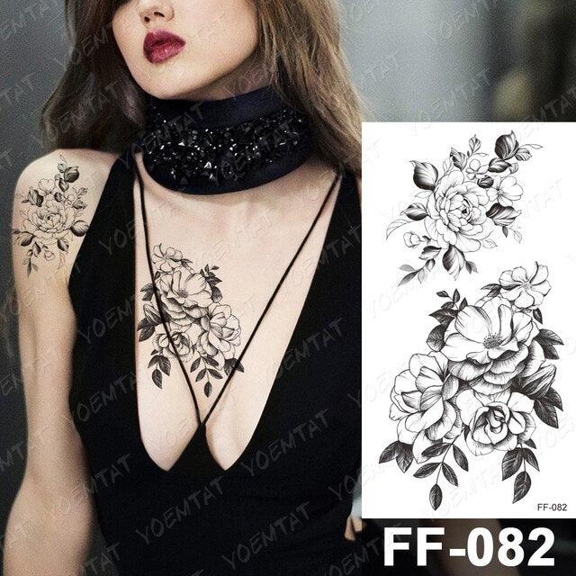 Waterproof Temporary Black Tattoo Sticker Peony Flower Snake Sketch Luxury Big Tattoo For Womens
