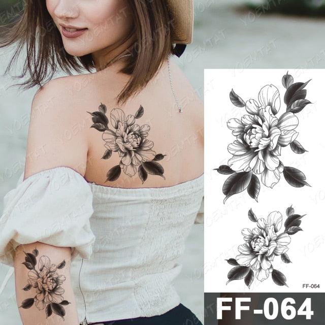 Waterproof Temporary Black Tattoo Sticker Peony Flower Snake Sketch Luxury Big Tattoo For Womens