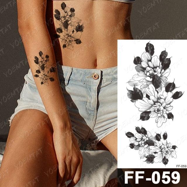 Waterproof Temporary Black Tattoo Sticker Peony Flower Snake Sketch Luxury Big Tattoo For Womens