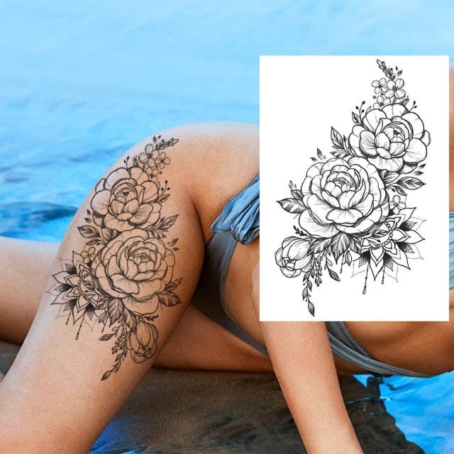 Realistic Big Flower Temporary Waterproof Sticker Tattoos For Body Painting Arm Legs Fake Black Rose Tattoos For Womens