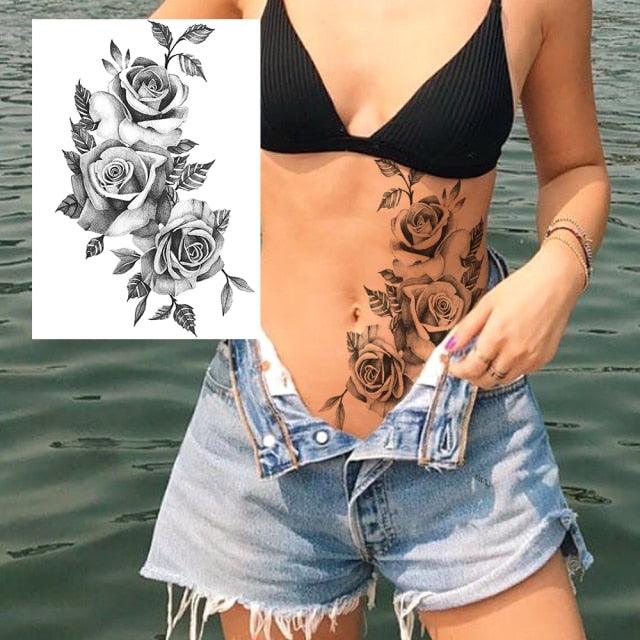 Realistic Big Flower Temporary Waterproof Sticker Tattoos For Body Painting Arm Legs Fake Black Rose Tattoos For Womens