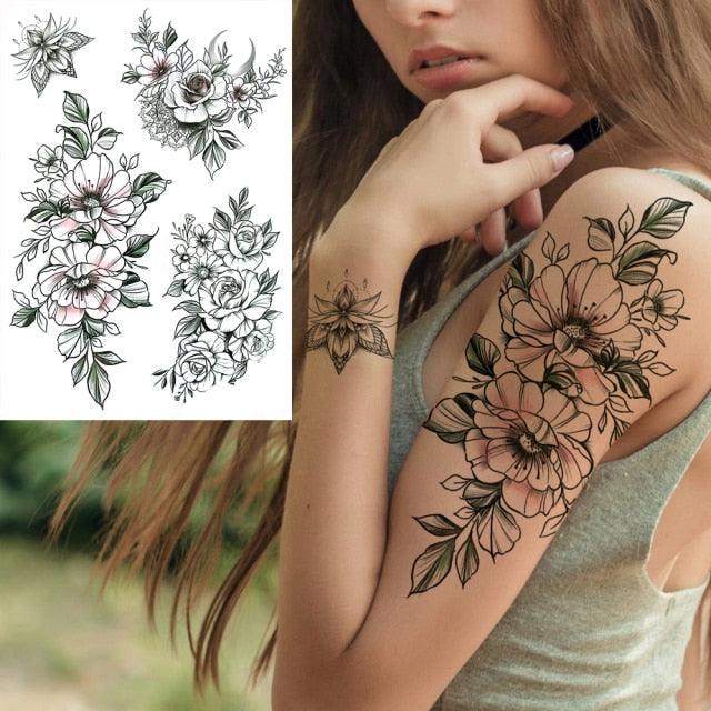Realistic Big Flower Temporary Waterproof Sticker Tattoos For Body Painting Arm Legs Fake Black Rose Tattoos For Womens