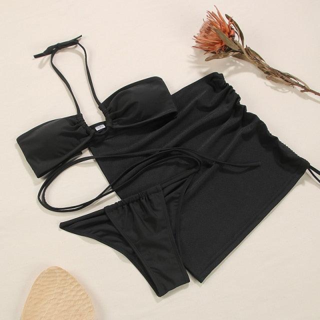 3-Piece Bikinis Suit Halter Polka Dot Swimwear Women Beachwear Women's 3 Piece Bikini Set Swimsuit Cover Ups Sheer Sarongs Beach Wrap Skirt Bathing Suit Swimsuit Female Holiday Beach Skirt Bikini Set