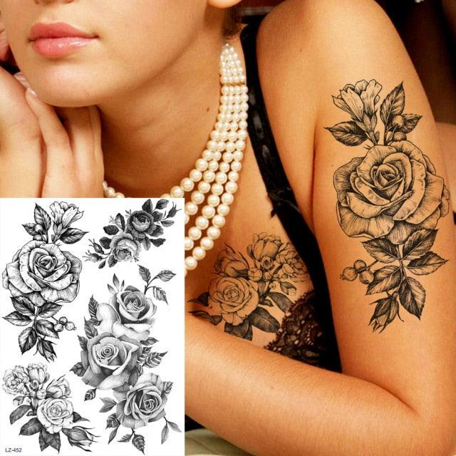 Realistic Big Flower Temporary Waterproof Sticker Tattoos For Body Painting Arm Legs Fake Black Rose Tattoos For Womens