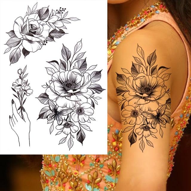 Realistic Big Flower Temporary Waterproof Sticker Tattoos For Body Painting Arm Legs Fake Black Rose Tattoos For Womens