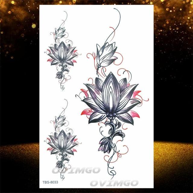 Temporary Lotus Flower Sticker Tattoo Fake Black Elegant Flower Design Women Body Art Fake Arm Tattoo Stickers For Womens