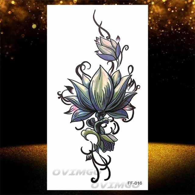 Temporary Lotus Flower Sticker Tattoo Fake Black Elegant Flower Design Women Body Art Fake Arm Tattoo Stickers For Womens