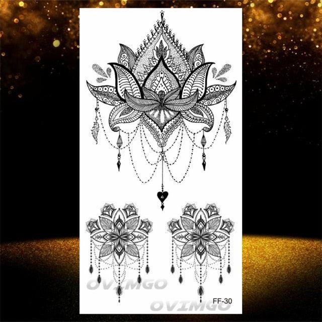 Temporary Lotus Flower Sticker Tattoo Fake Black Elegant Flower Design Women Body Art Fake Arm Tattoo Stickers For Womens