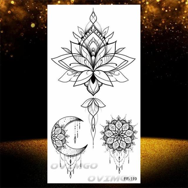 Temporary Lotus Flower Sticker Tattoo Fake Black Elegant Flower Design Women Body Art Fake Arm Tattoo Stickers For Womens