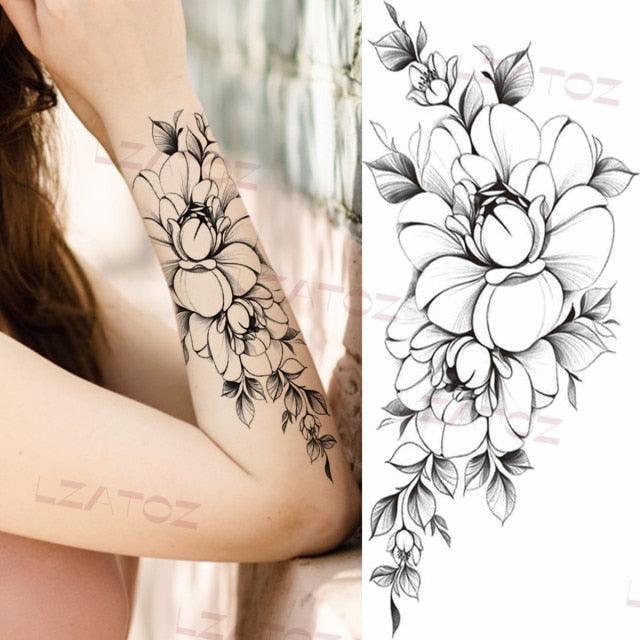 Realistic Sketches Black Flowers Temporary Waterproof Flower Tattoos Modern Body Arm Drawing For Womens