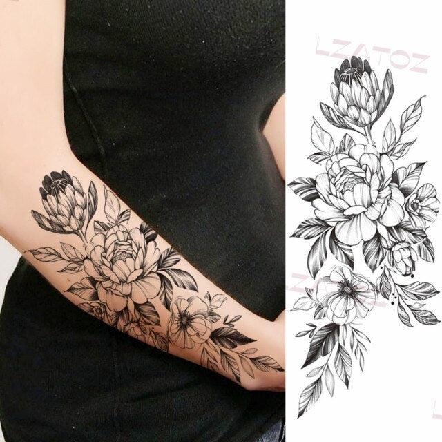 Realistic Sketches Black Flowers Temporary Waterproof Flower Tattoos Modern Body Arm Drawing For Womens