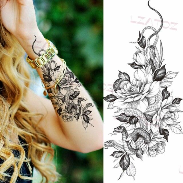 Realistic Sketches Black Flowers Temporary Waterproof Flower Tattoos Modern Body Arm Drawing For Womens