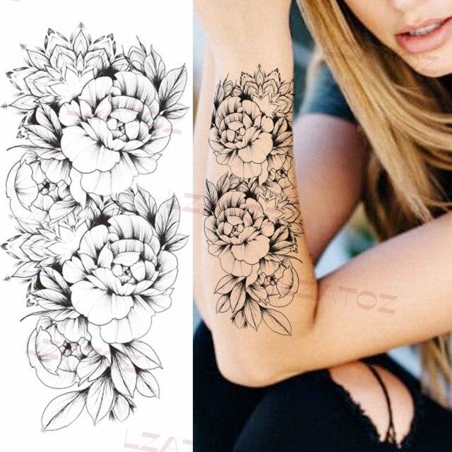 Realistic Sketches Black Flowers Temporary Waterproof Flower Tattoos Modern Body Arm Drawing For Womens