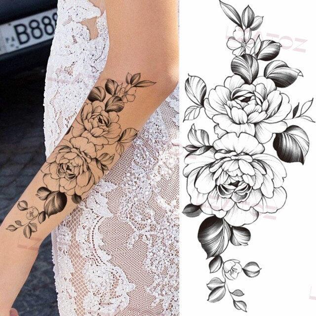 Realistic Sketches Black Flowers Temporary Waterproof Flower Tattoos Modern Body Arm Drawing For Womens
