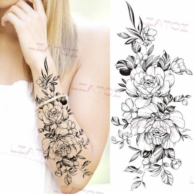 Realistic Sketches Black Flowers Temporary Waterproof Flower Tattoos Modern Body Arm Drawing For Womens