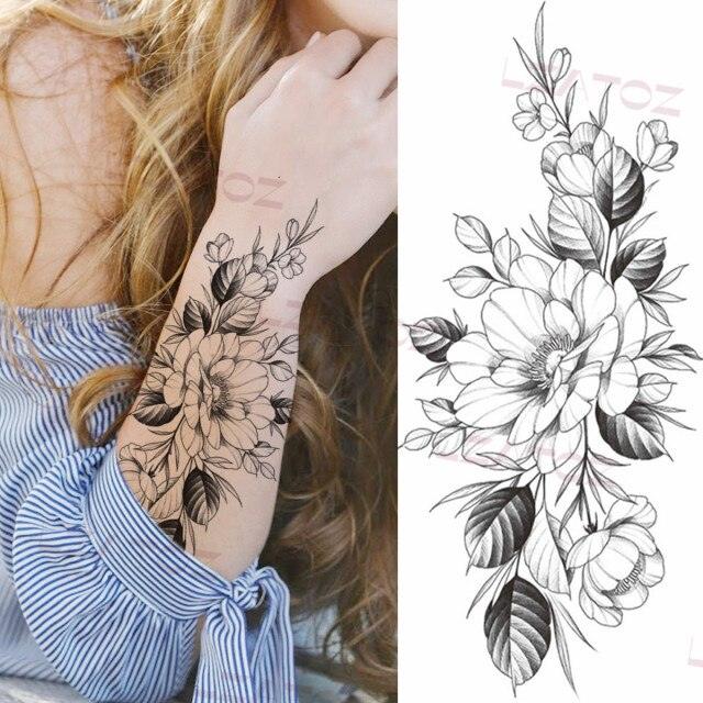 Realistic Sketches Black Flowers Temporary Waterproof Flower Tattoos Modern Body Arm Drawing For Womens