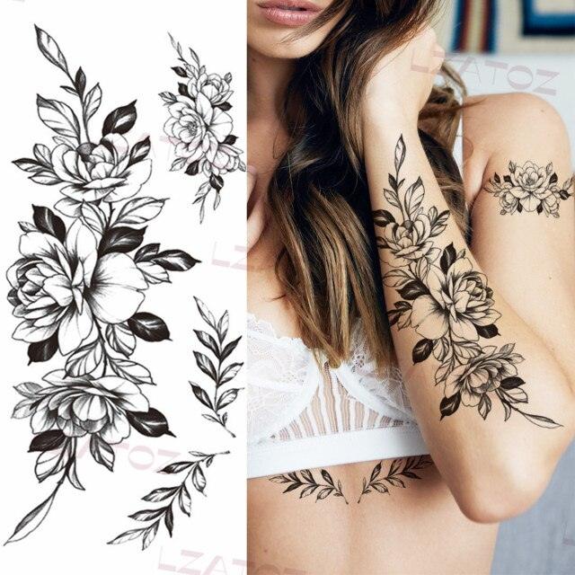 Realistic Sketches Black Flowers Temporary Waterproof Flower Tattoos Modern Body Arm Drawing For Womens