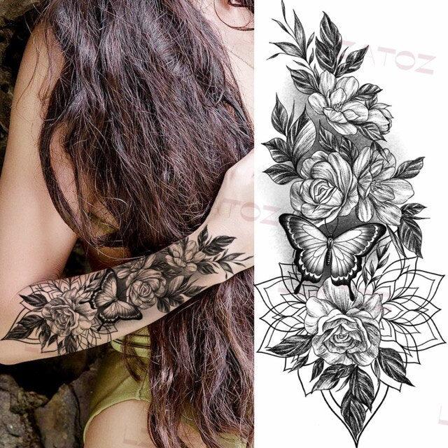 Realistic Sketches Black Flowers Temporary Waterproof Flower Tattoos Modern Body Arm Drawing For Womens