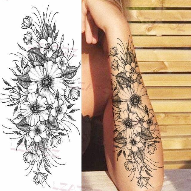 Realistic Sketches Black Flowers Temporary Waterproof Flower Tattoos Modern Body Arm Drawing For Womens