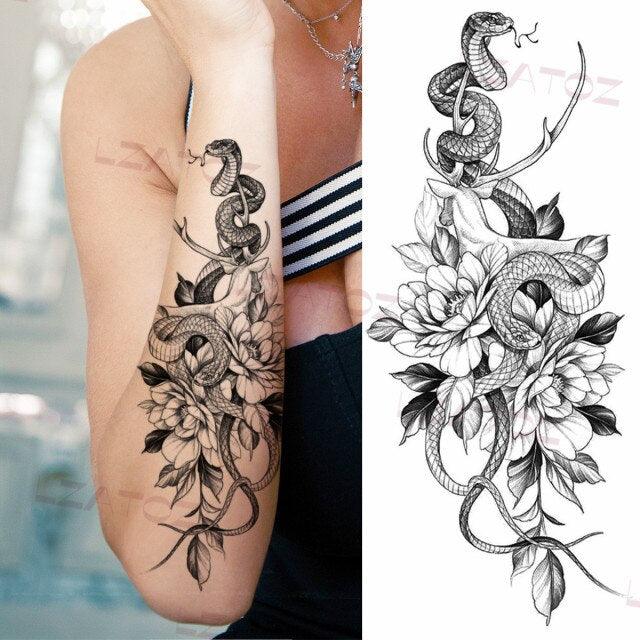 Realistic Sketches Black Flowers Temporary Waterproof Flower Tattoos Modern Body Arm Drawing For Womens