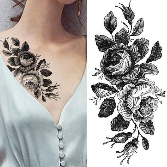 Realistic Sketches Black Flowers Temporary Waterproof Flower Tattoos Modern Body Arm Drawing For Womens