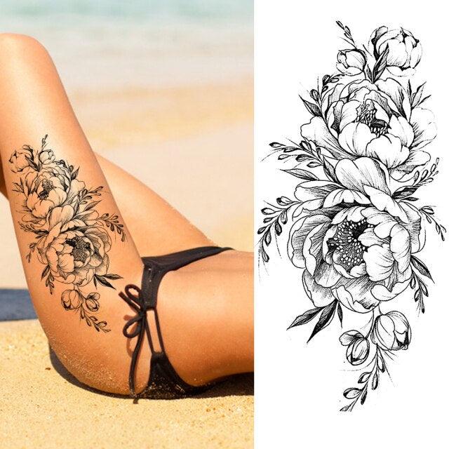 Realistic Sketches Black Flowers Temporary Waterproof Flower Tattoos Modern Body Arm Drawing For Womens
