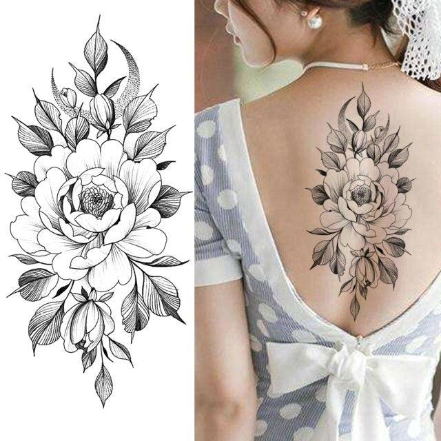 Realistic Sketches Black Flowers Temporary Waterproof Flower Tattoos Modern Body Arm Drawing For Womens