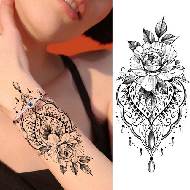 Realistic Sketches Black Flowers Temporary Waterproof Flower Tattoos Modern Body Arm Drawing For Womens