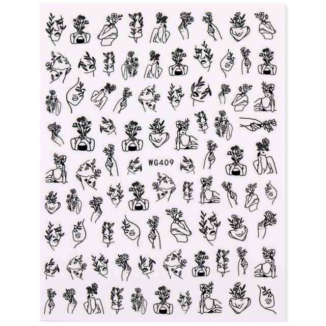 Sexy Lady Shaped 3D Nail Stickers Character Face Image Leaves Flower Decals Slider Black White Nail Art Decoration Manicure Decoration Nail Art Supplies 3D Self-Adhesive Nail Decals Designer Nail Stickers for Acrylic Nails
