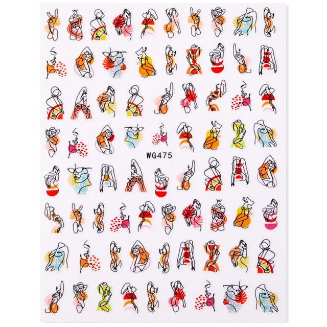 Sexy Lady Shaped 3D Nail Stickers Character Face Image Leaves Flower Decals Slider Black White Nail Art Decoration Manicure Decoration Nail Art Supplies 3D Self-Adhesive Nail Decals Designer Nail Stickers for Acrylic Nails