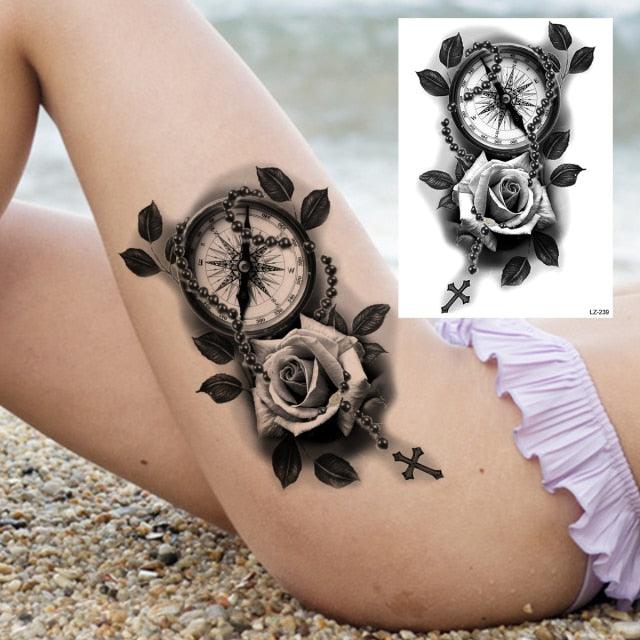 Realistic Big Flower Temporary Waterproof Sticker Tattoos For Body Painting Arm Legs Fake Black Rose Tattoos For Womens