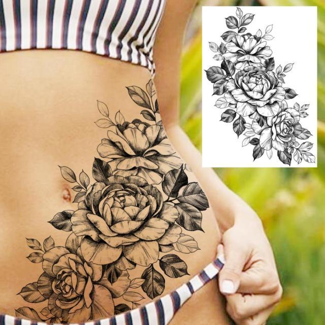 Realistic Big Flower Temporary Waterproof Sticker Tattoos For Body Painting Arm Legs Fake Black Rose Tattoos For Womens